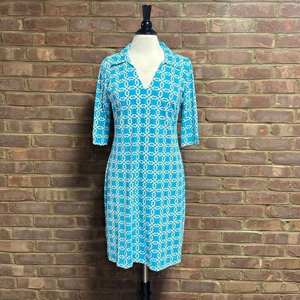 Katherine Way Women’s Blue & White Collared Quarter Sleeve Dress Sz M